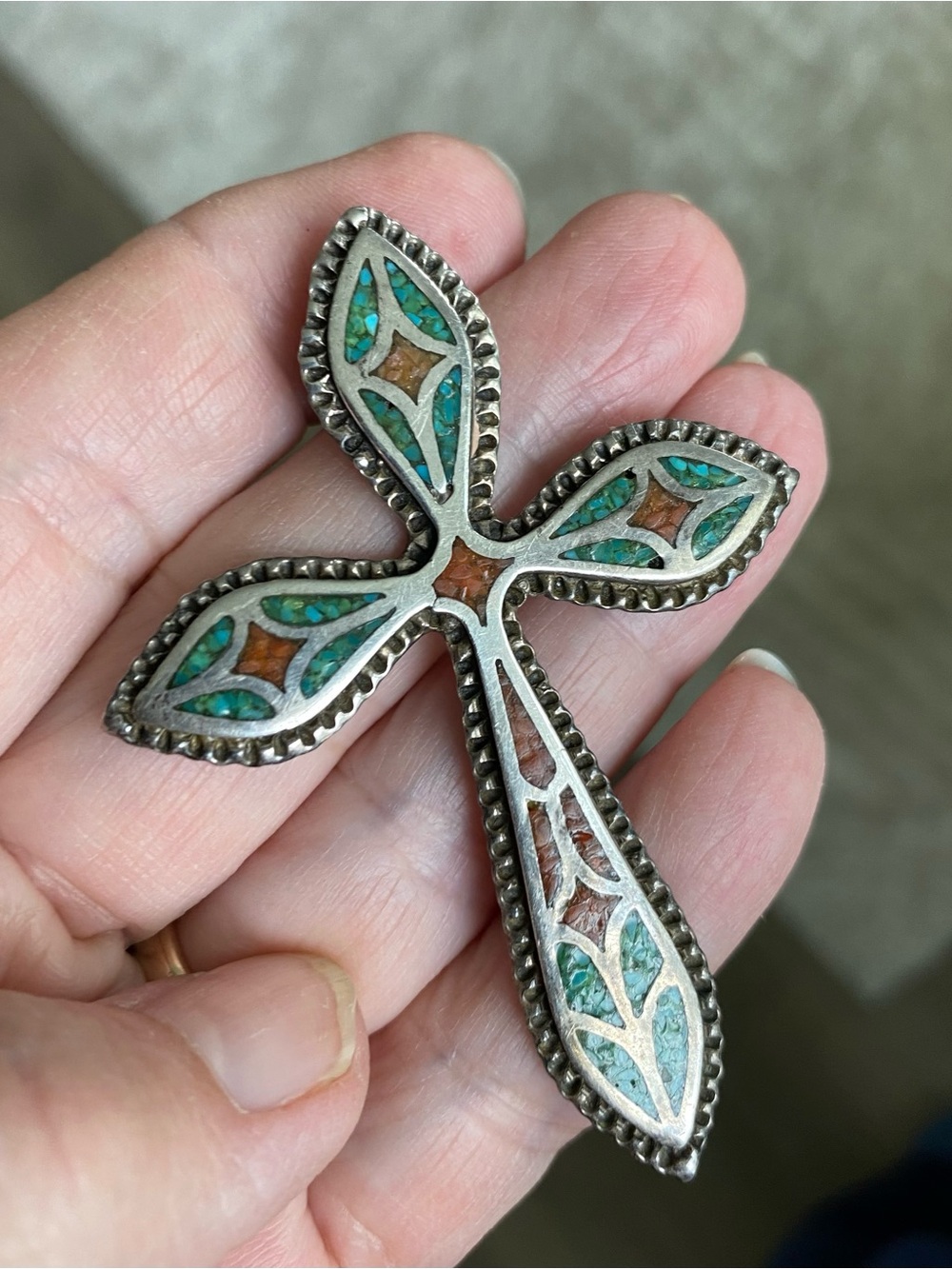 Turquoise Inlay vintage Silver Cross Pendant - Picture 8 of 10